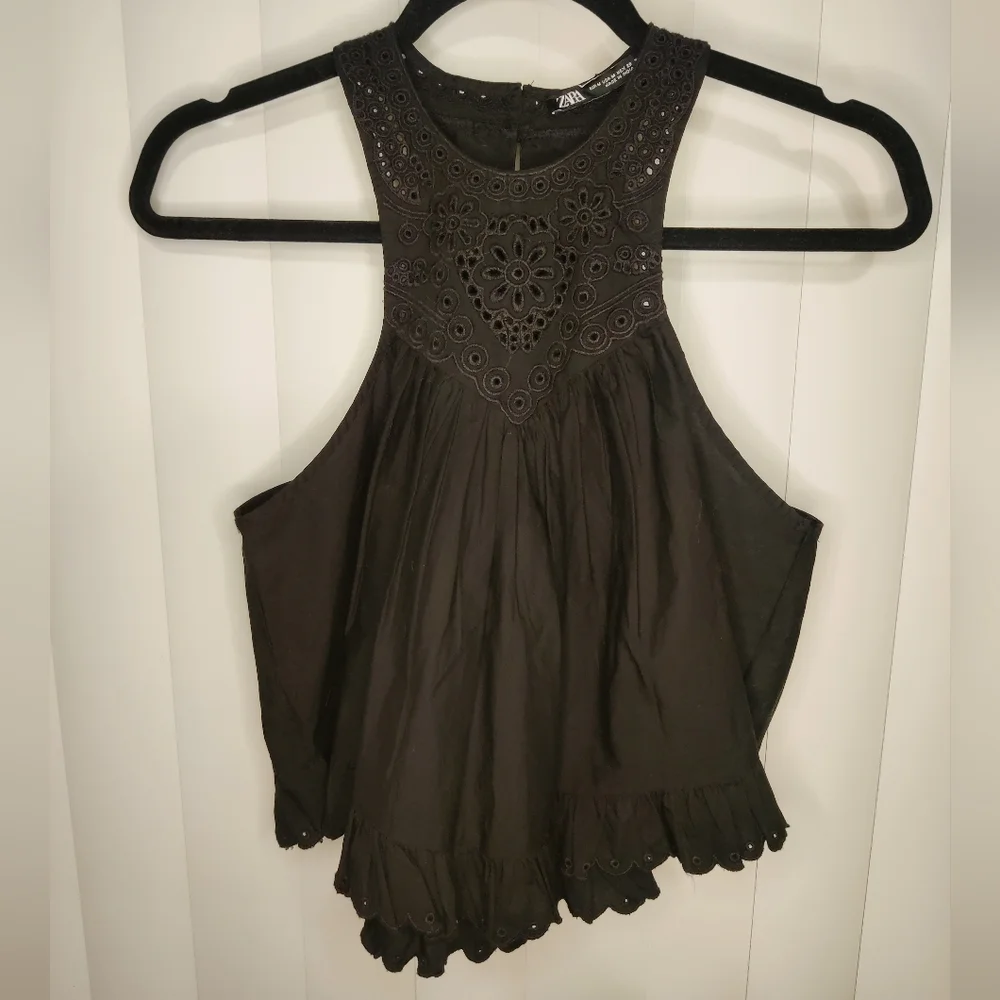 Zara Black Crop Flowey Sleeveless Top Size M - Picture 1 of 5